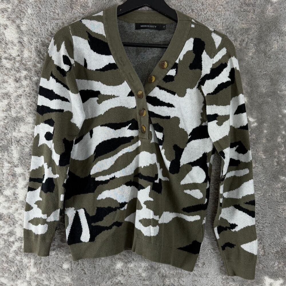 Merokeety Womens Size S Camo Button Sweater Pullover Cotton Long Sleeve